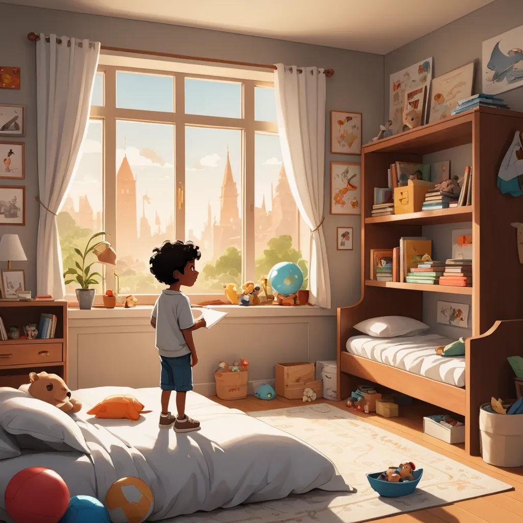 a child stands in a bedroom with a window overlooking a cityscape and a bed with a teddy bear, photorealism, a storybook illustration, Chris LaBrooy, rossdraws global illumination