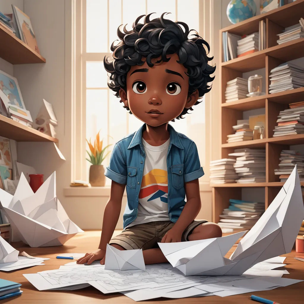 a young boy sitting on a table with paper airplanes in front of him and a bookcase full of books, photorealism, a character portrait, Chris LaBrooy, cgstudio