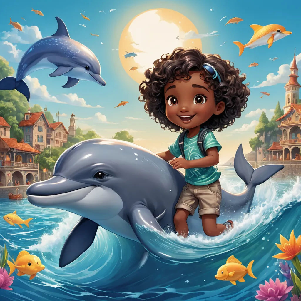 a young girl riding on the back of a dolphin in a river with dolphins around her and a castle in the background, pop surrealism, a storybook illustration, Cliff Childs, key art