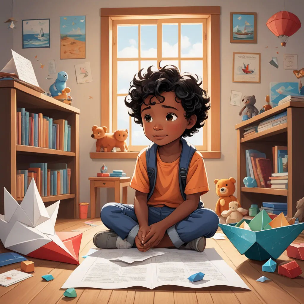 a boy sitting on the floor in front of a bookcase with paper boats and toys around him and a window, serial art, a storybook illustration, Chris LaBrooy, storybook illustration