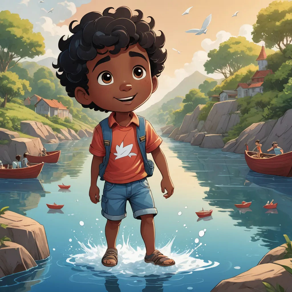 a cartoon boy standing in a river with a boat in the background and a boat in the water behind him, environmental art, a storybook illustration, Chris LaBrooy, key art