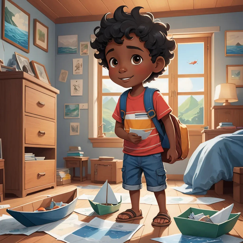 a boy stands in a room with paper boats on the floor and a bed in the background with a window, american scene painting, a storybook illustration, Chris LaBrooy, storybook illustration