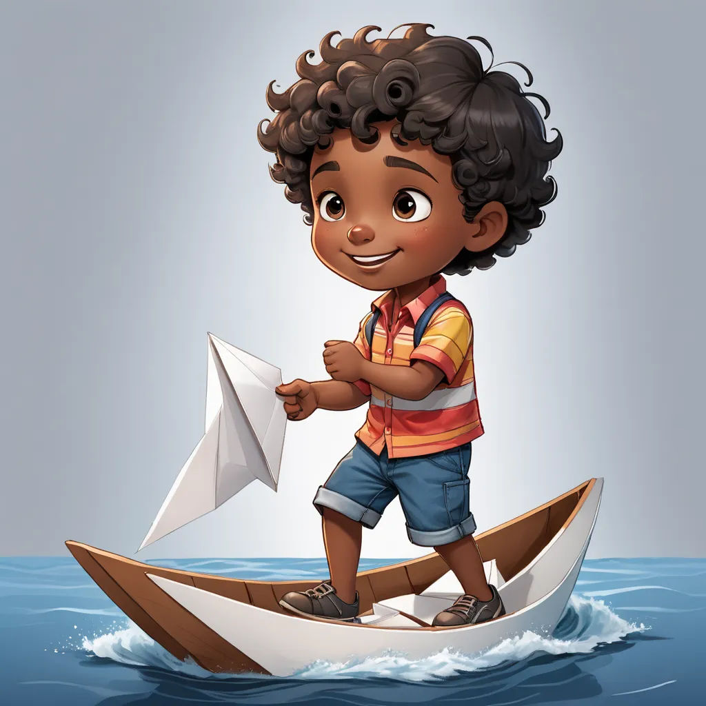 a boy is standing on a boat with a paper boat in his hand and a paper plane in his hand, photorealism, a character portrait, Cliff Childs, promotional image