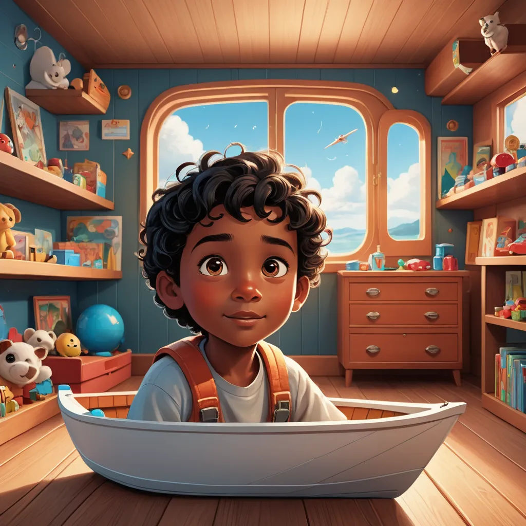 a boy in a boat in a room with shelves and toys on the walls and a window with a sky view, photorealism, a storybook illustration, Chris LaBrooy, cgstudio