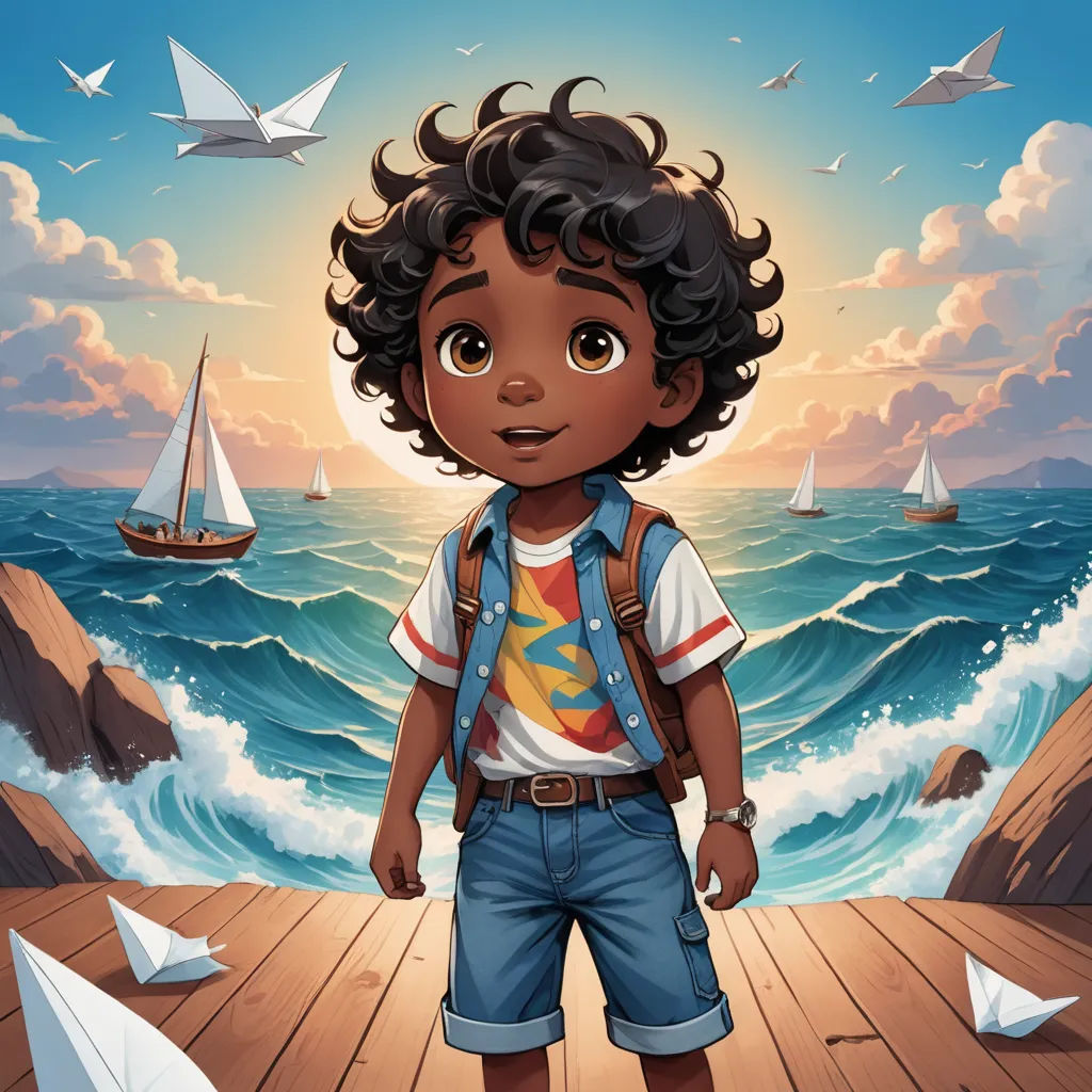 a boy standing on a pier with paper boats in the background and a sky with clouds and a sun, sots art, a storybook illustration, Everett Warner, comic cover art