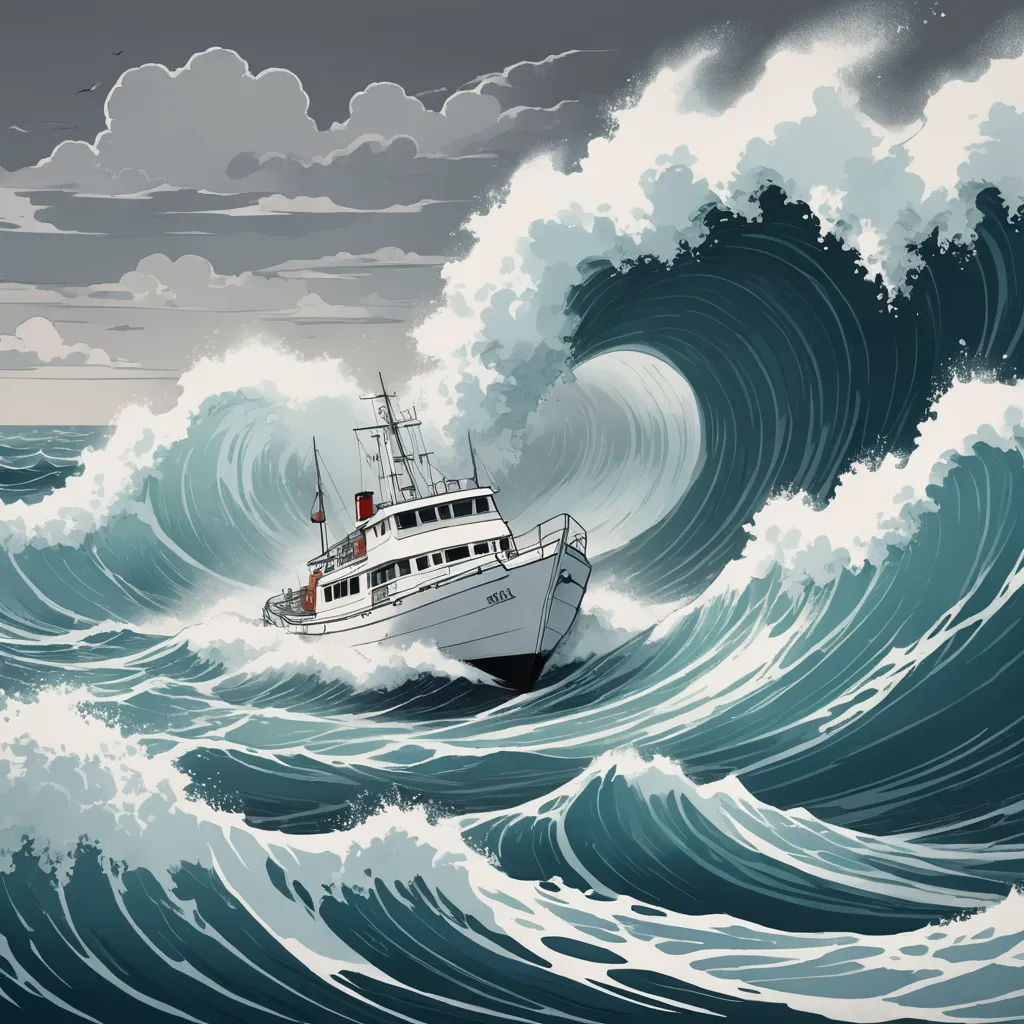 a boat in the middle of a large wave in the ocean with a sky background and clouds above it, precisionism, a storybook illustration, Asaf Hanuka, promotional image