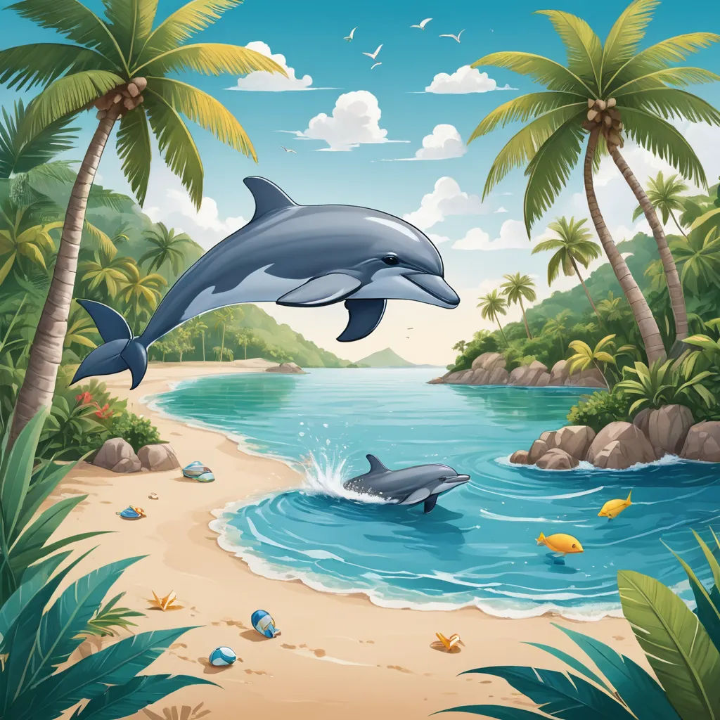 a dolphin and a dolphin swimming in the ocean near a beach with palm trees and a rocky shore with a few fish, naive art, a storybook illustration, David Martin, detailed illustration