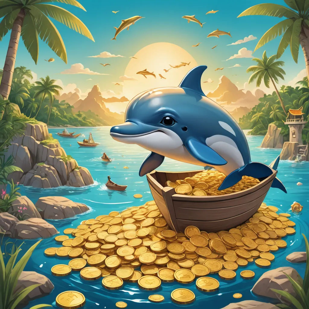 a dolphin is sitting on a boat with gold coins in it and a bird flying over it, and a boat with gold coins in the water, pop surrealism, a storybook illustration, Chris LaBrooy, splash art