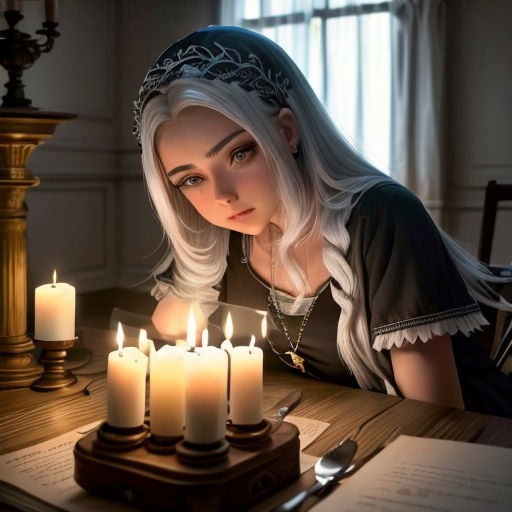 a woman sitting at a table with a lit candle in front of her and a menu with a menu on it