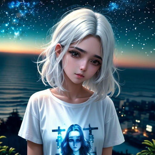 a girl with white hair and a t - shirt with a picture of a woman on it, standing in front of a night sky with stars
