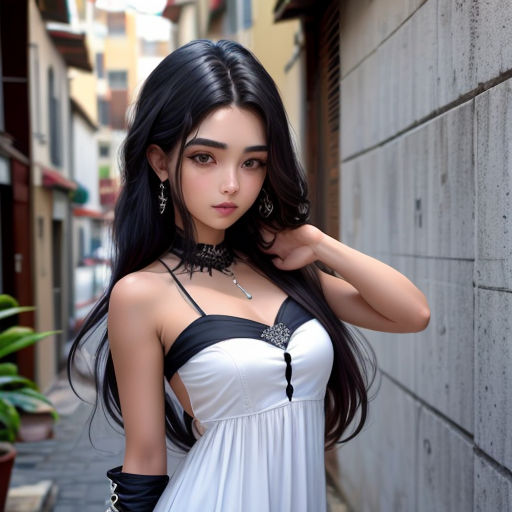 a woman in a white dress standing next to a wall with a plant in it's corner and wearing black gloves