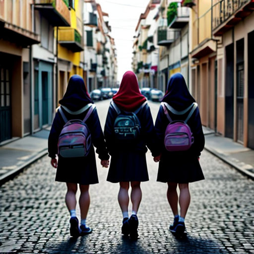 three girls walking down a street with backpacks on their backs and one girl in a red hoodie