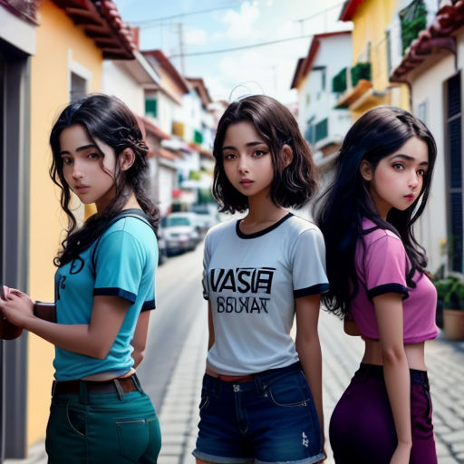 three girls standing in front of a building on a street corner with a car parked in the background and a building with a sign that says vasi