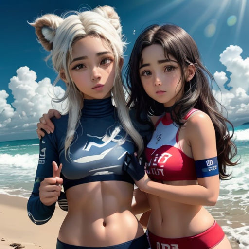two women standing next to each other on a beach near the ocean with a sky background and clouds in the background
