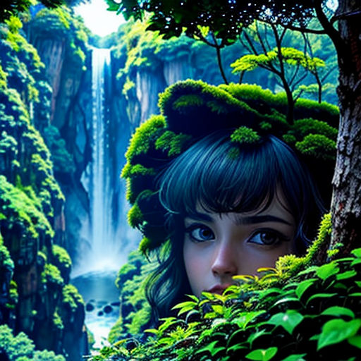 a woman with a green head is looking out over a waterfall in a forest with trees and bushes on either side of her