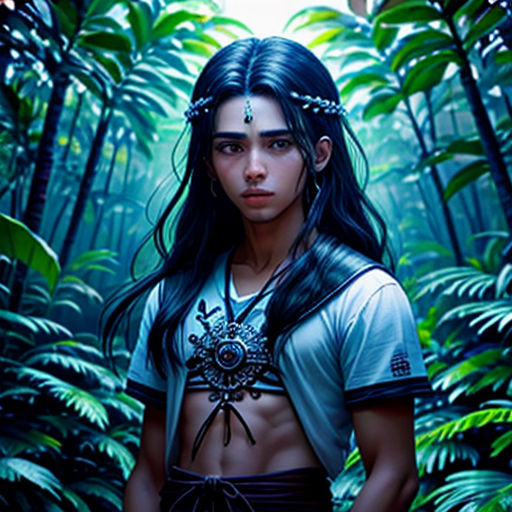 a man with long hair standing in a jungle with a sword in his hand and a sword in his other hand