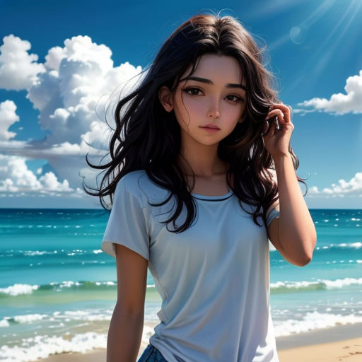 a girl standing on a beach with a sun in the background and a blue sky with clouds and sunbeams