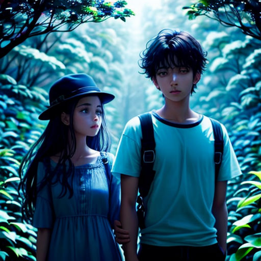 a couple of people standing in a forest with trees and bushes behind them, with a light shining on them
