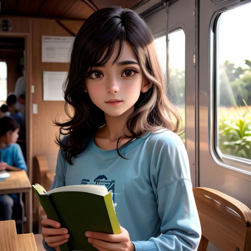 a girl is reading a book while sitting in a train car with a window open and people in the background