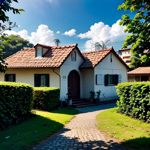 a house with a red roof and a brick walkway leading to it and a green lawn and trees in front of it