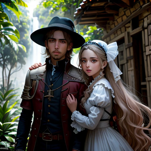 a man and a woman dressed in historical clothing standing next to each other in a forest setting with a waterfall in the background
