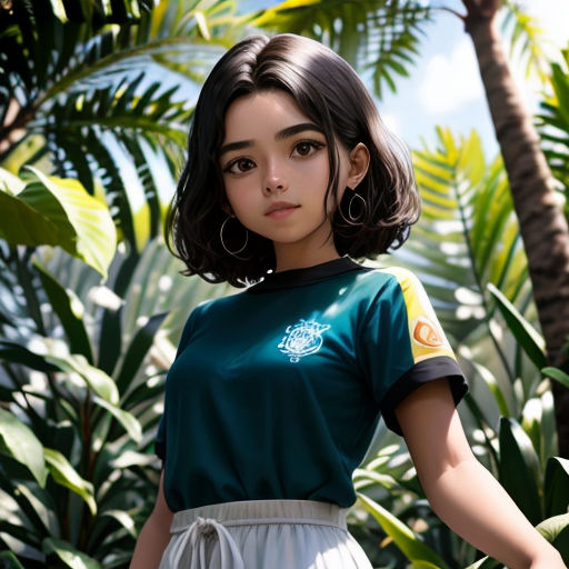 a woman standing in front of a bunch of trees and palm trees with a green shirt on her shoulders