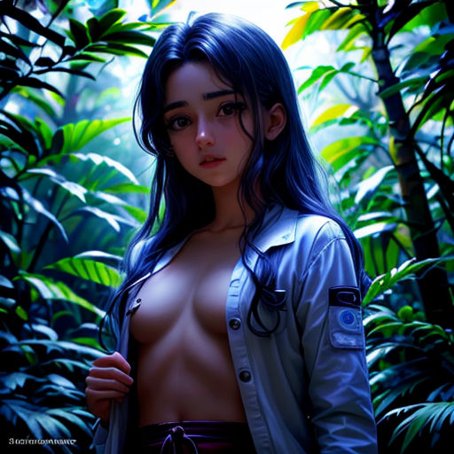 a woman with long hair and no shirt in a jungle setting with trees and plants behind her, with a shirtless torso