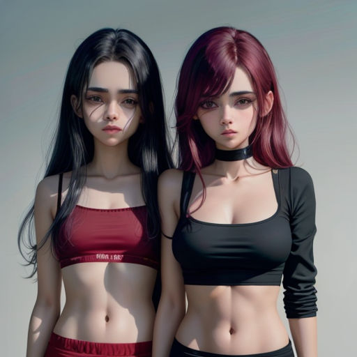 two women with red hair and black bras are standing next to each other, both wearing bras