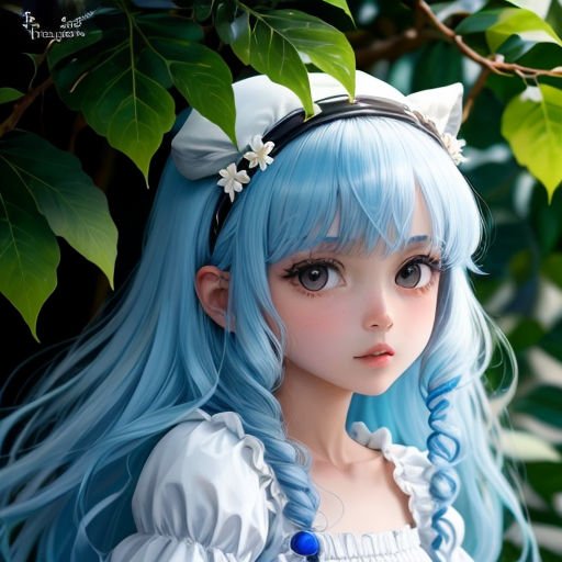 a blue haired girl with long hair and a flower in her hair, wearing a white dress and a blue flower in her hair