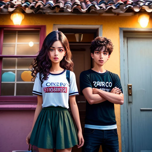 a couple of people standing in front of a building with a door and a window with a sign on it