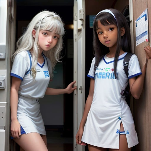 two girls in white uniforms standing next to each other in a doorway with a door open and a sign on the wall
