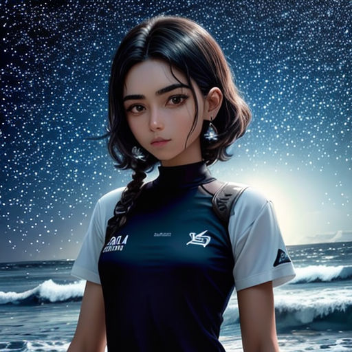 a woman standing on a beach under a night sky with stars above her and a wave crashing in the ocean