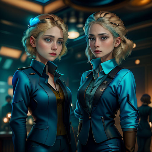 two women in blue outfits standing next to each other in a room with people in the background and a blue light