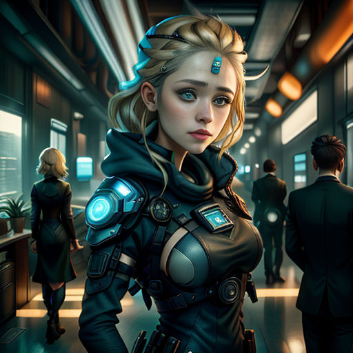 a woman in a futuristic suit standing in a hallway with a man in a suit and a woman in a suit