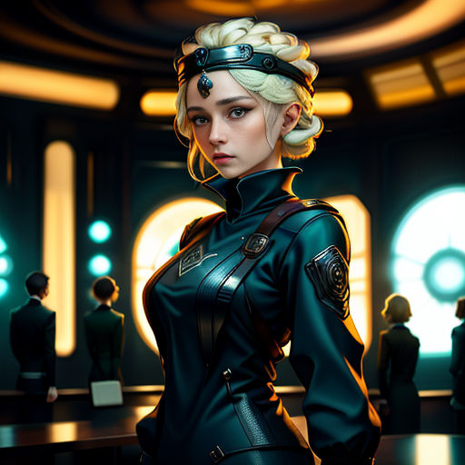 a woman in a futuristic suit standing in a room with people in the background and a circular light fixture