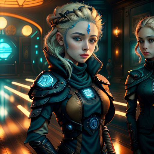 two women in futuristic outfits standing in a room with lights on the ceiling and a train on the tracks