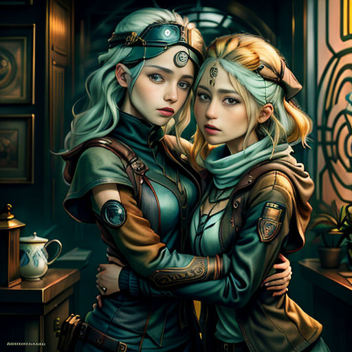 a painting of two women hugging each other in a room with a clock on the wall behind them and a potted plant in the corner