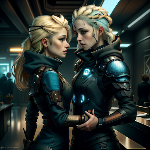 two women in futuristic outfits standing next to each other in a room with a bar and counter top on the other side