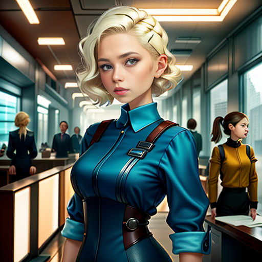 a woman in a blue dress standing in a room with people in the background and a man in a suit
