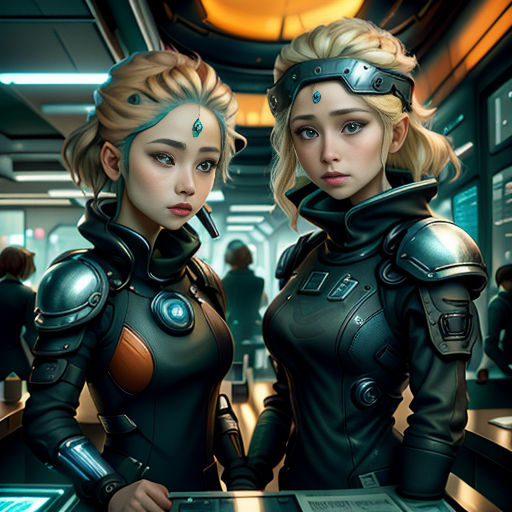 two women in futuristic garb standing next to each other in a room with a computer screen and a monitor