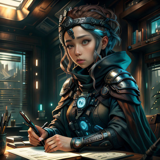 a woman in a futuristic suit writing on a piece of paper with a pen in her hand and a sci - fi helmet on her head