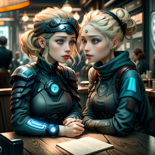 two women sitting at a table in a restaurant looking at something on the table in front of them,