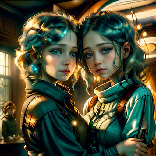 two women standing next to each other in a room with a window and a light on the ceiling and a man in the background