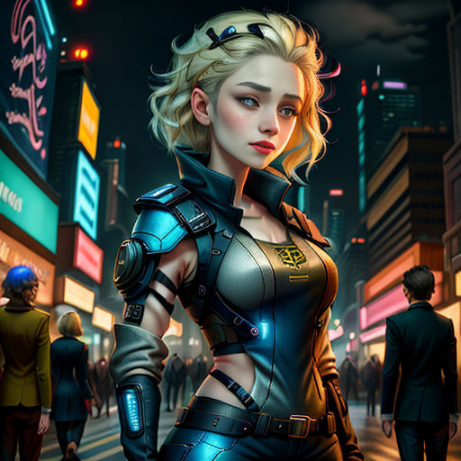 a woman in a futuristic suit standing in the middle of a city street at night with neon signs and people walking around