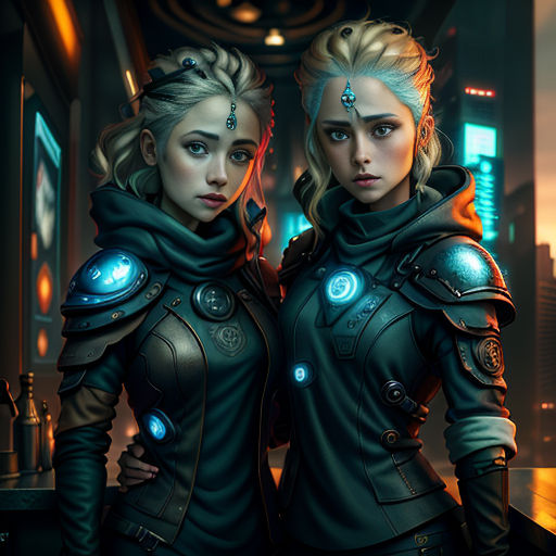 two women in futuristic outfits standing next to each other in a city at night time with a neon light on their forehead