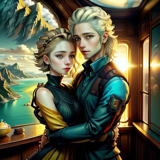 a couple of people standing next to each other near a window with a mountain view behind them and a lake