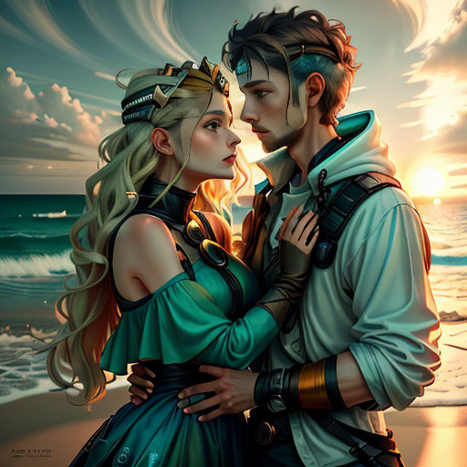 a painting of a couple on the beach at sunset, with the sun setting behind them and the ocean in the background