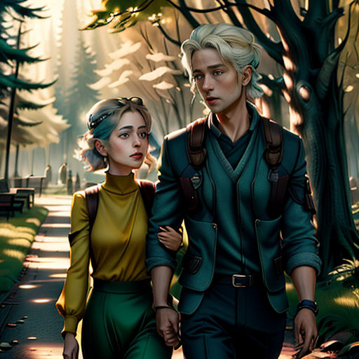 a man and a woman walking down a path in the woods together, with trees in the background and a bench in the foreground