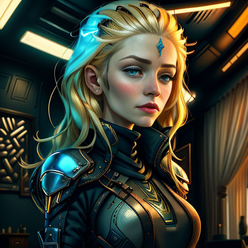 a woman in a futuristic suit with a sword in her hand and a blue light shining on her face