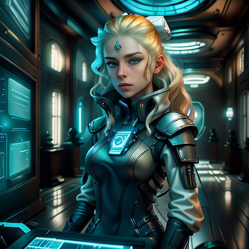 a woman in a futuristic suit standing in a room with a laptop computer on her lap top computer screen